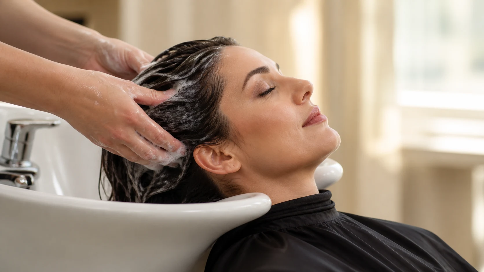 A woman having her hair gently shampooed at a salon wash basin