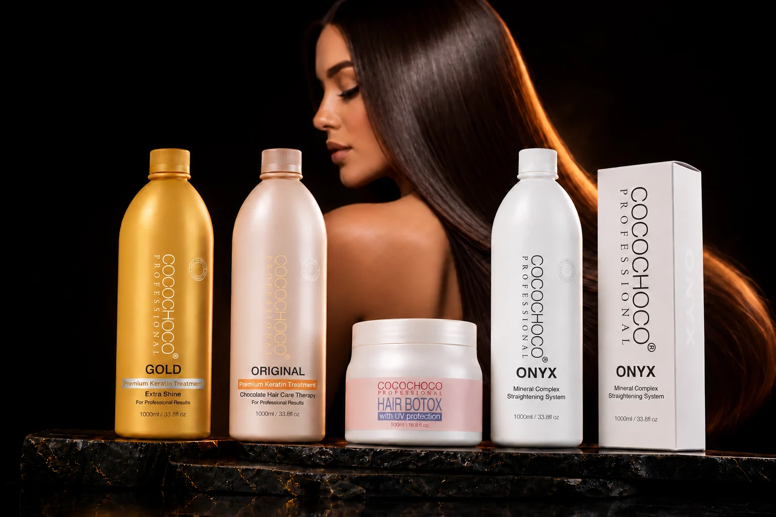 COCOCHOCO Gold, Original, Hair Botox and Onyx professional treatments with a model showing long, smooth, glossy hair